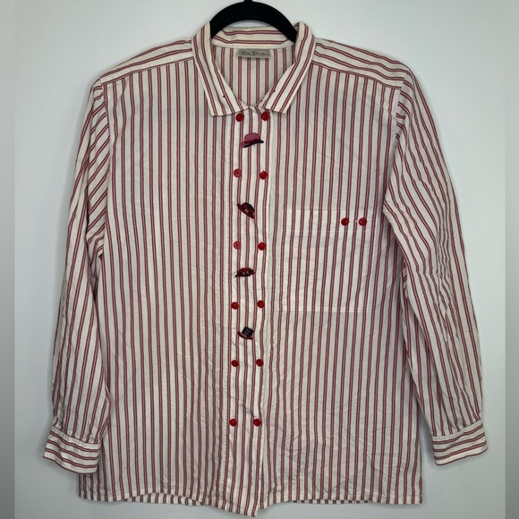 Vintage Betty Barclay Red White Striped hat embroidery Button-Up Shirt size 12 - Picture 2 of 12